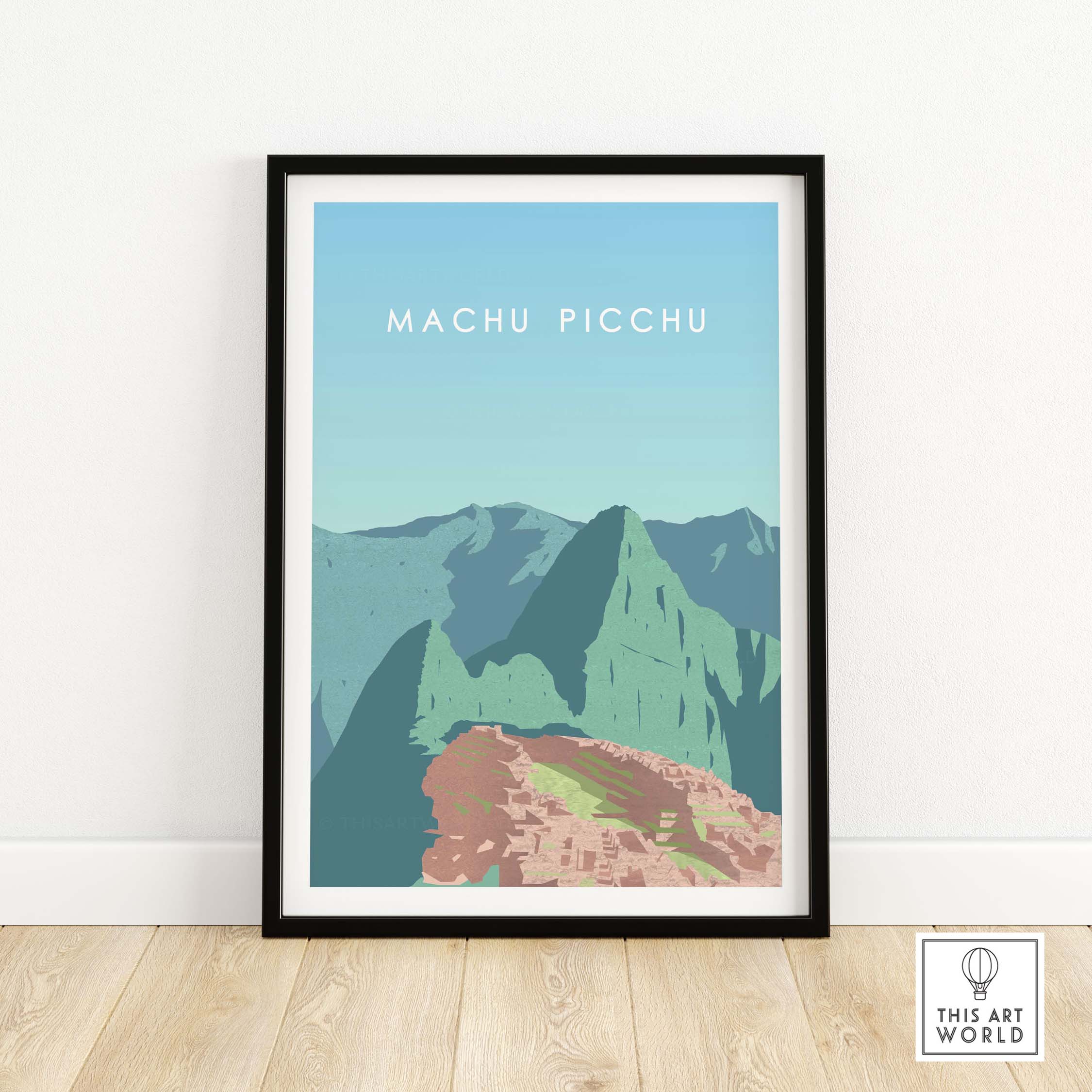 Machu Picchu Print Wall Art Poster featuring retro design of Peru's iconic landscape, framed on a wooden floor.