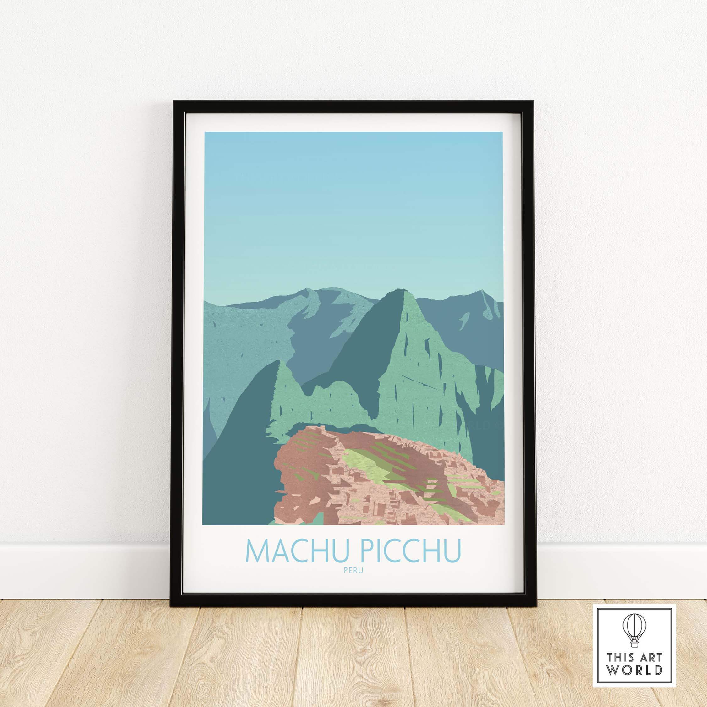 Machu Picchu print framed artwork, showcasing the iconic Inca ruins and mountains in vintage travel poster style.