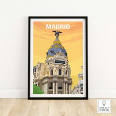 Vintage Madrid print poster wall art featuring the iconic Metropolis building in vibrant colors.