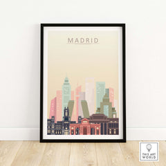 Madrid skyline print artwork in pastel tones, framed, showcasing iconic city architecture.