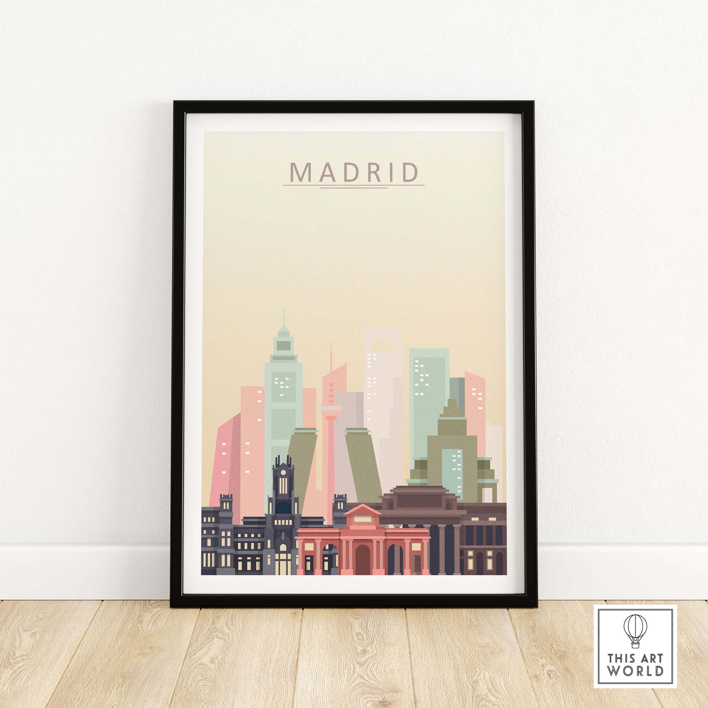 Madrid skyline print artwork in pastel tones, framed, showcasing iconic city architecture.