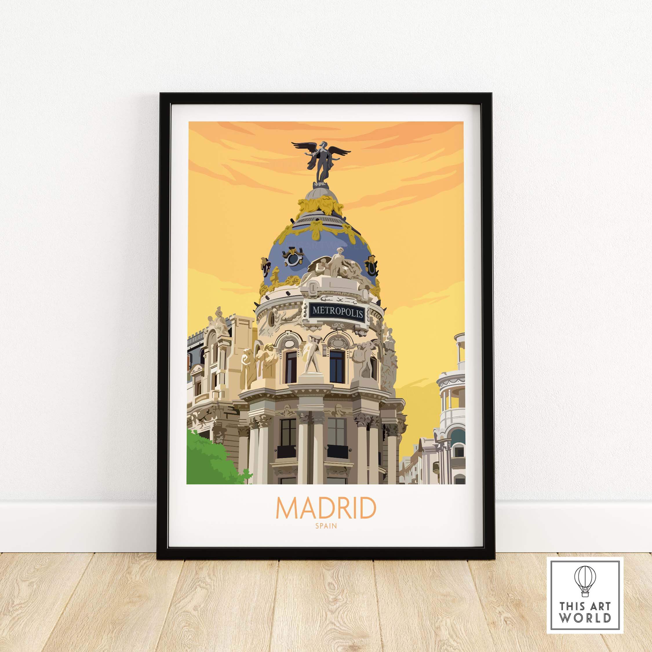 Madrid print poster featuring the iconic Metropolis building with a warm sunset background.