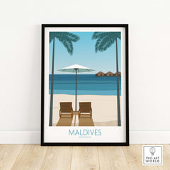 Maldives vintage travel poster featuring beach chairs and palm trees for stylish home decor.