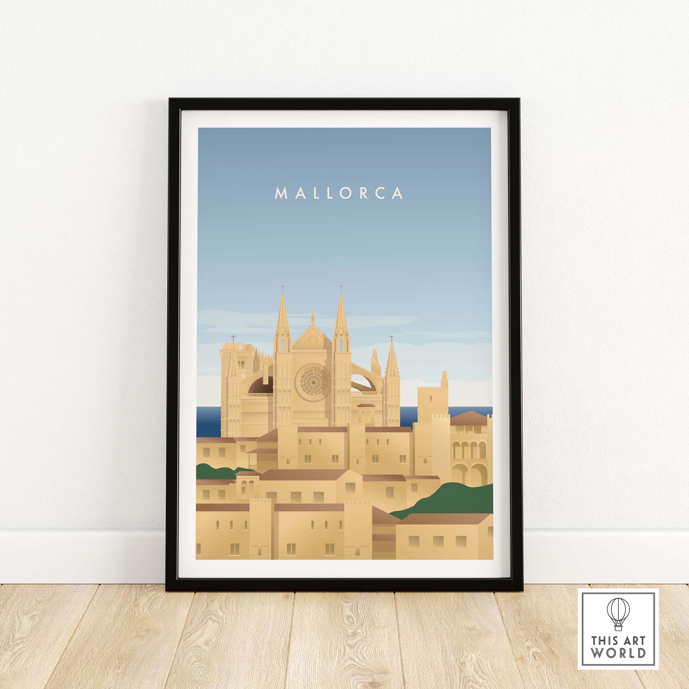 Mallorca wall art poster featuring a vintage-inspired design of Mallorca's iconic architecture.