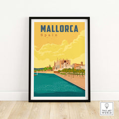 Mallorca Spain vintage travel poster print featuring scenic beach and historical architecture.