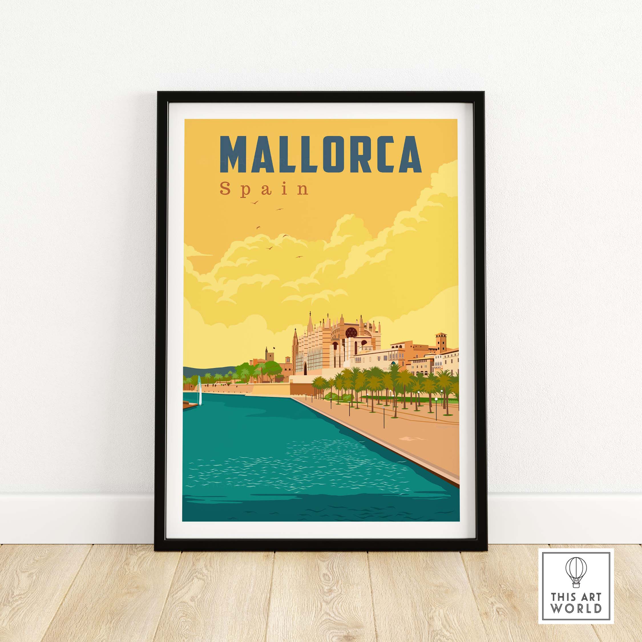 Mallorca Spain vintage travel poster print featuring scenic beach and historical architecture.