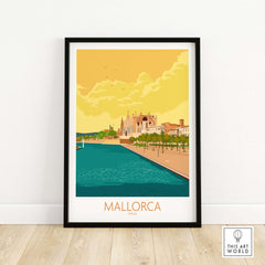 Mallorca poster featuring vintage travel art of Spain's coastline and architecture in warm colors.