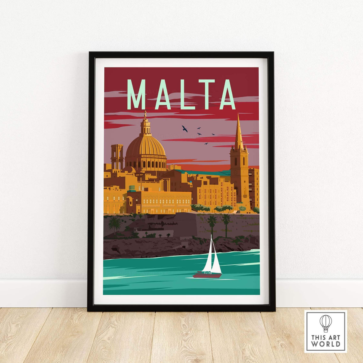 Malta Poster Print Wall Art featuring a vintage-inspired design of Malta's skyline and sailboats in vibrant colors.