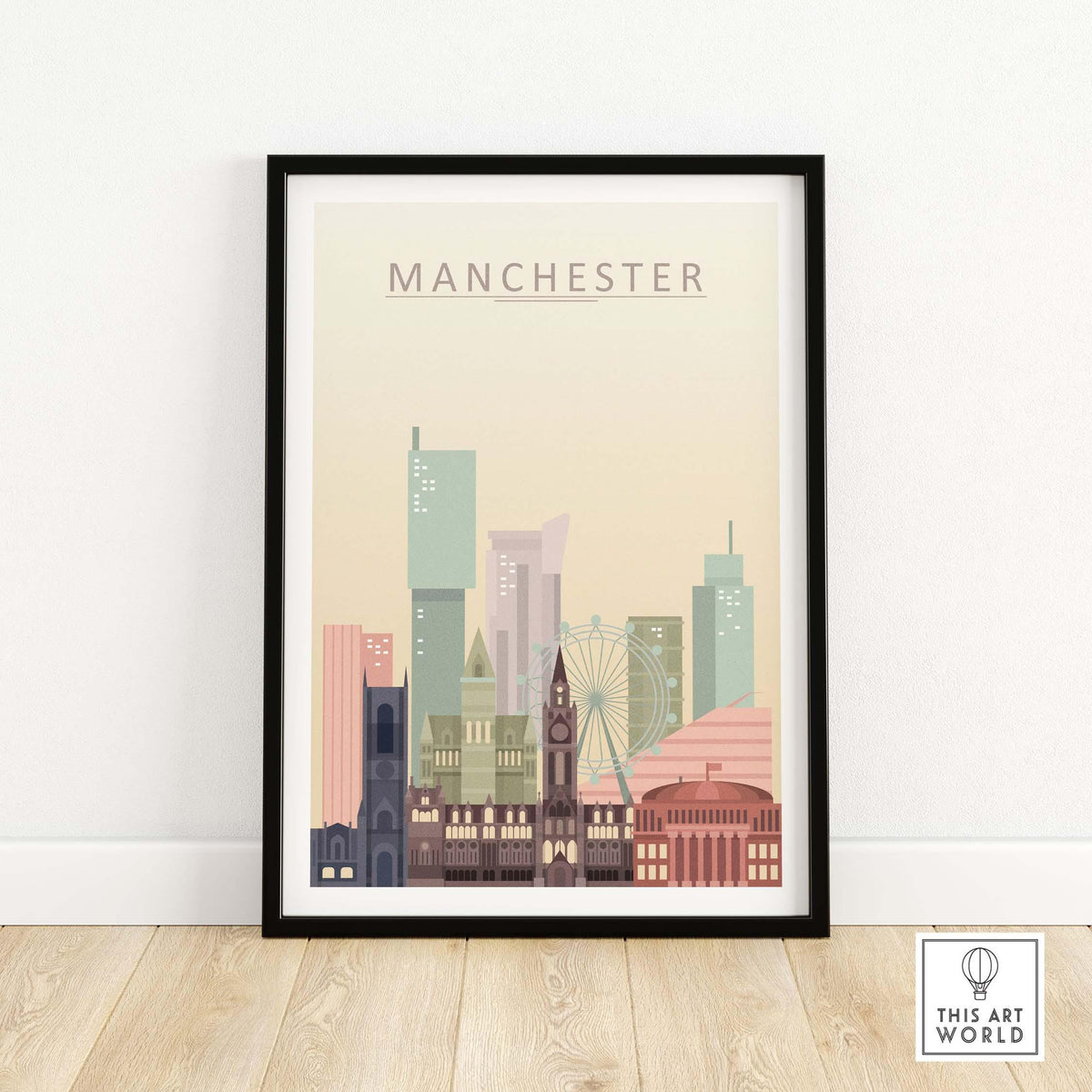 Manchester City skyline print in warm pastel tones framed for wall art decor.