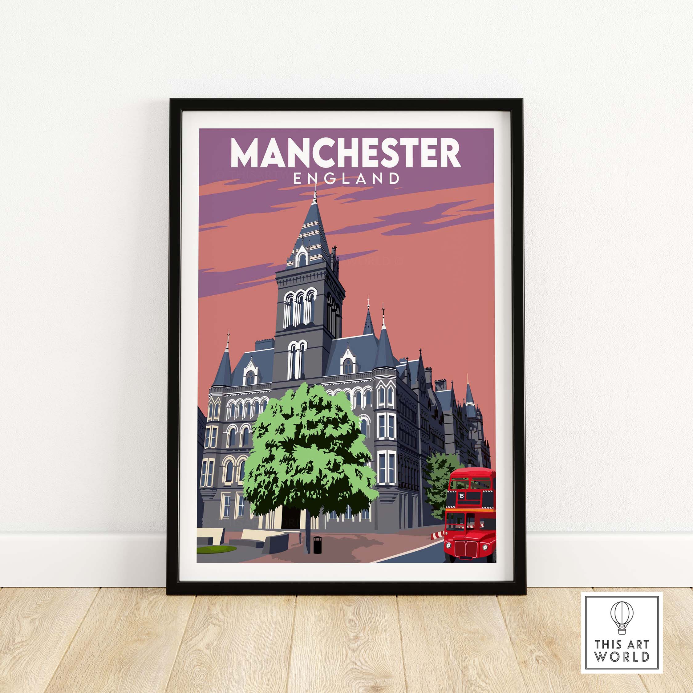 Manchester Poster Print featuring vintage architecture and a red bus, perfect for home or office decor.