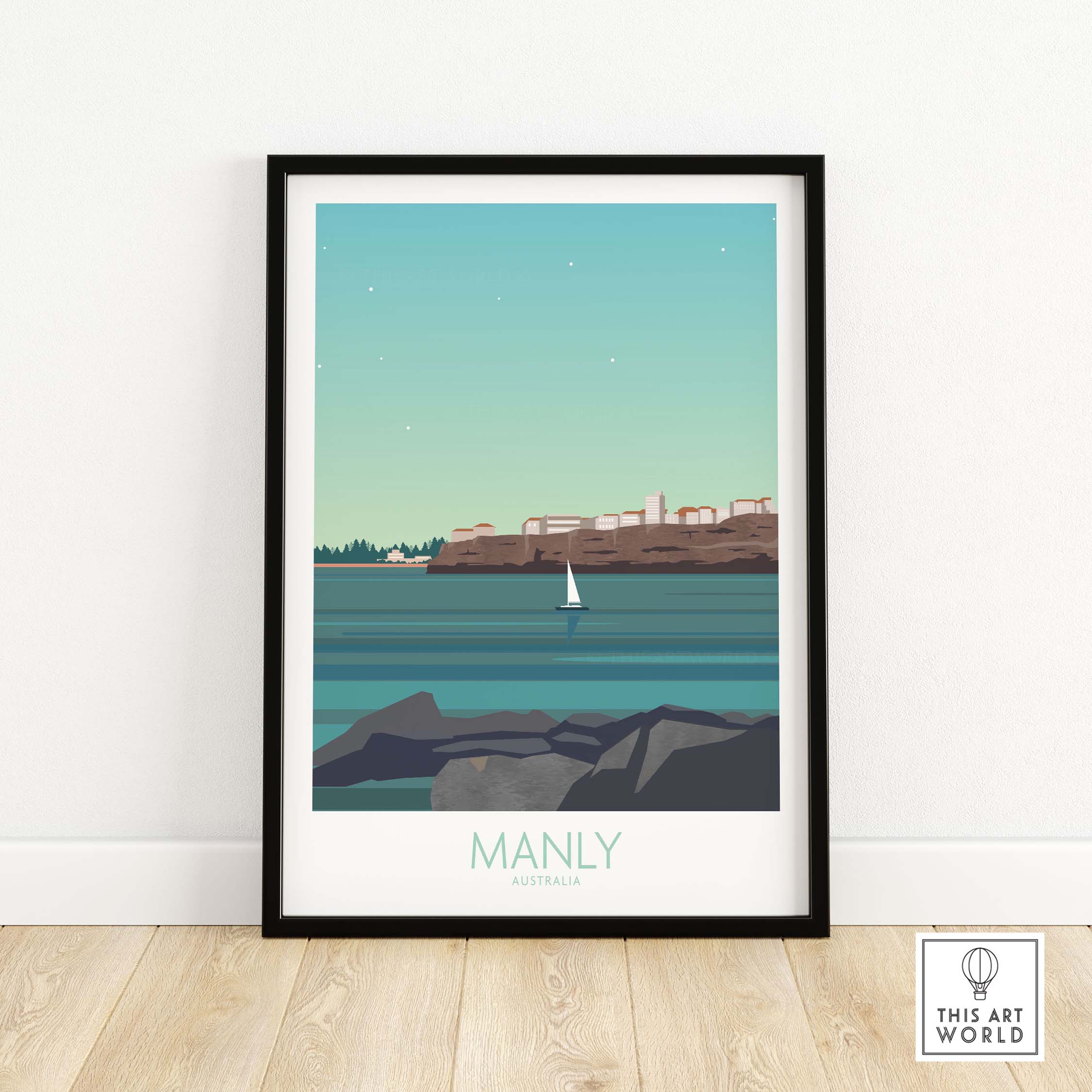 Manly Australia travel poster featuring serene coastal scene with sailboat and vintage design.