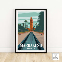 Marrakesh Print Morocco Poster featuring a vibrant illustration of the cityscape and palm trees.