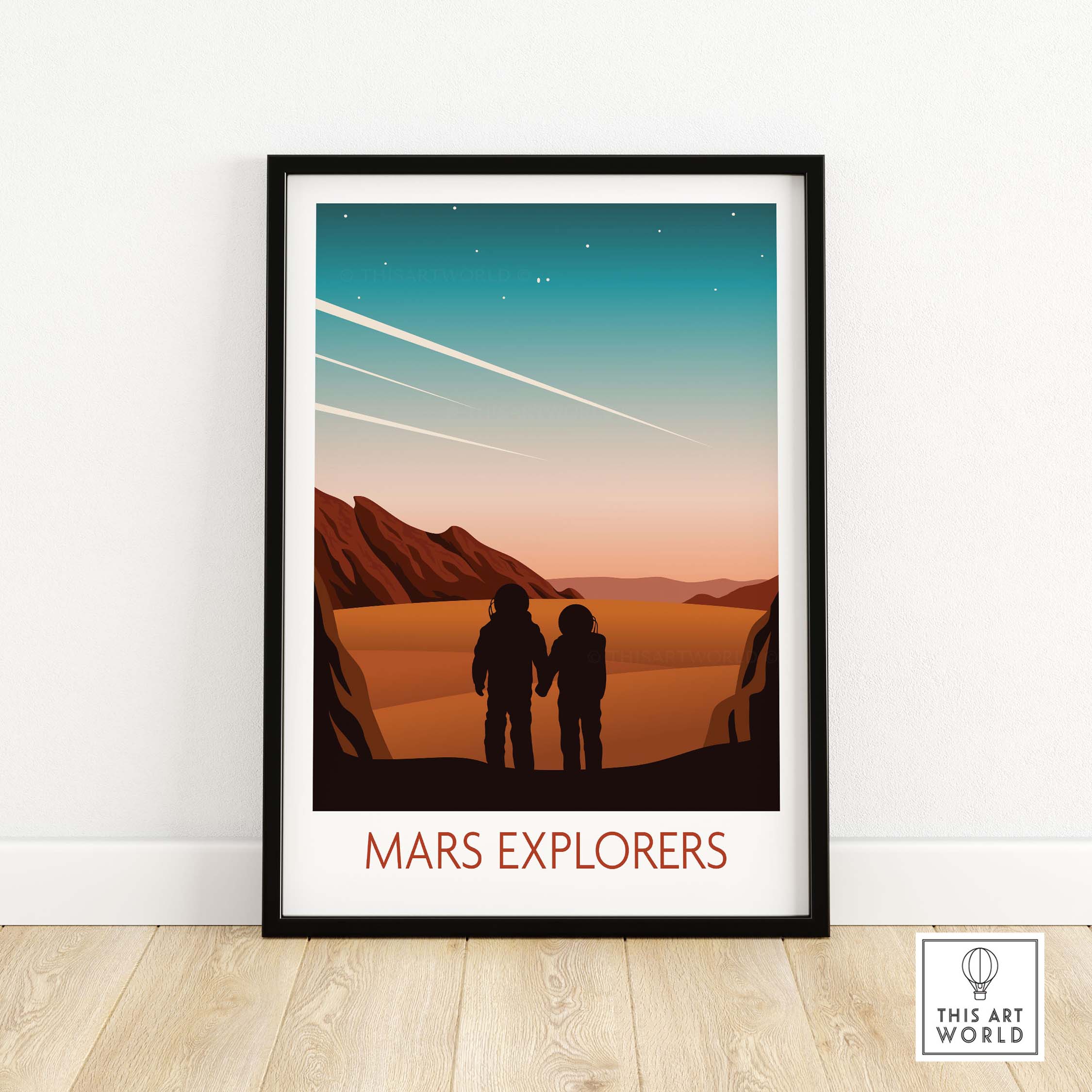 Mars poster print featuring explorers gazing at the Martian landscape, perfect for adding wanderlust to your décor.