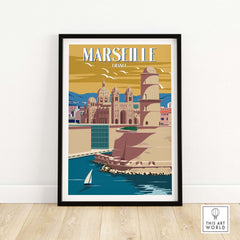 Marseille Print France vintage travel poster showcasing the waterfront and historic architecture.
