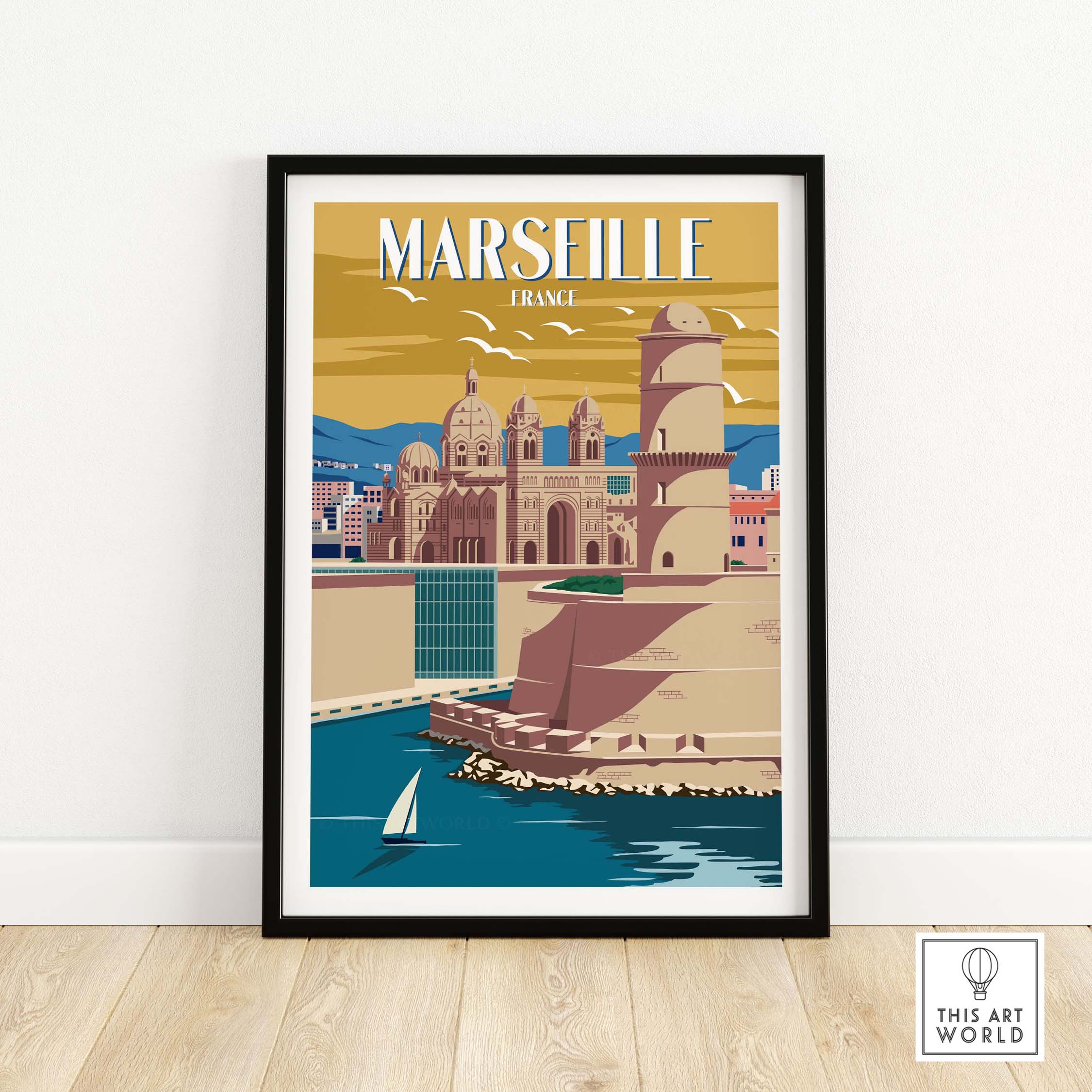 Marseille Print France vintage travel poster showcasing the waterfront and historic architecture.