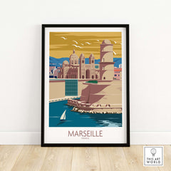 Marseille Poster France Wall Art with vintage design, showcasing coastal scenery and historic architecture.