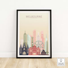 Melbourne Skyline Print featuring iconic buildings and pastel tones, perfect for city wall decor.