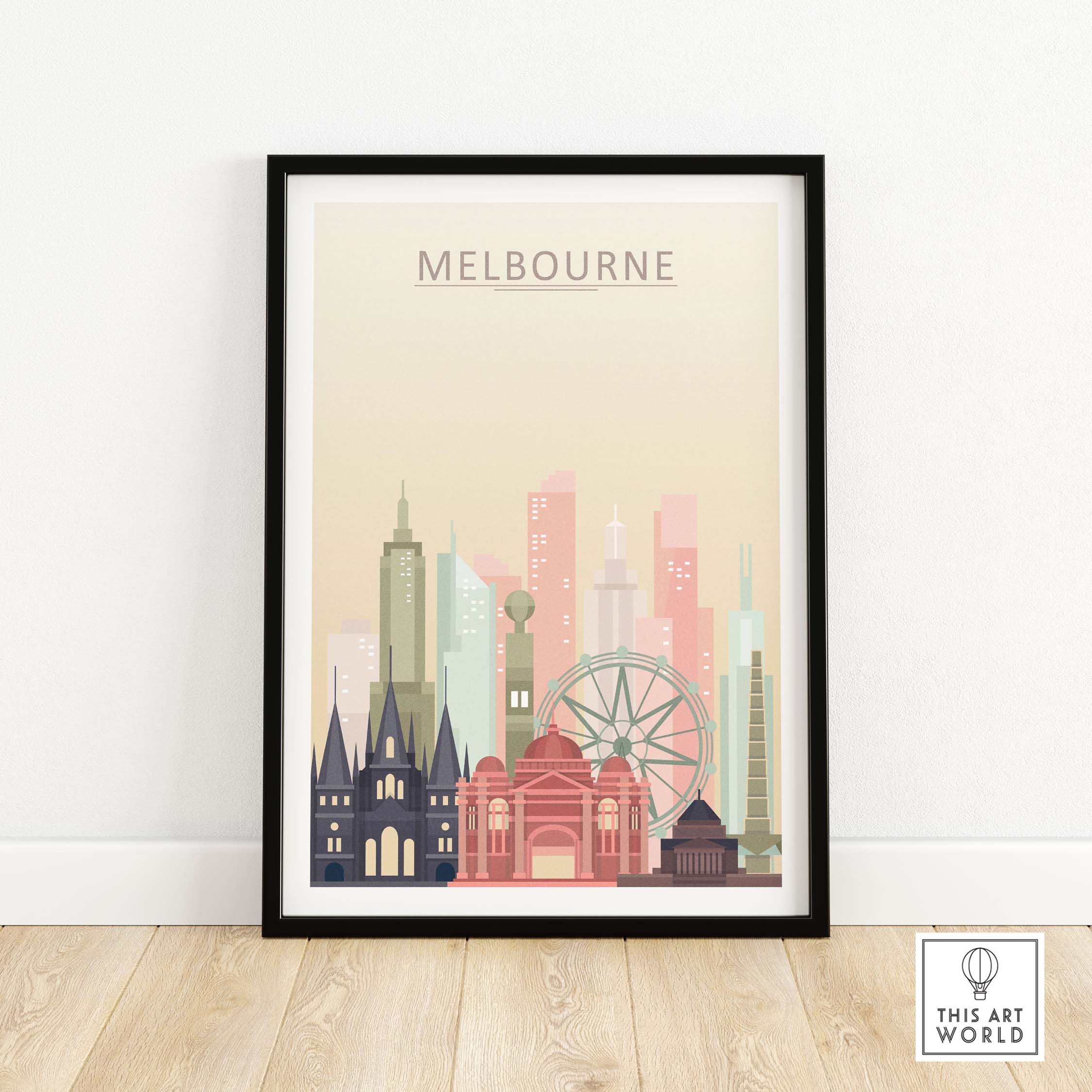 Melbourne Skyline Print featuring iconic buildings and pastel tones, perfect for city wall decor.