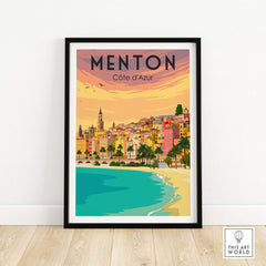Menton France vintage travel poster showcasing colorful buildings by the beach at Cote d'Azur.