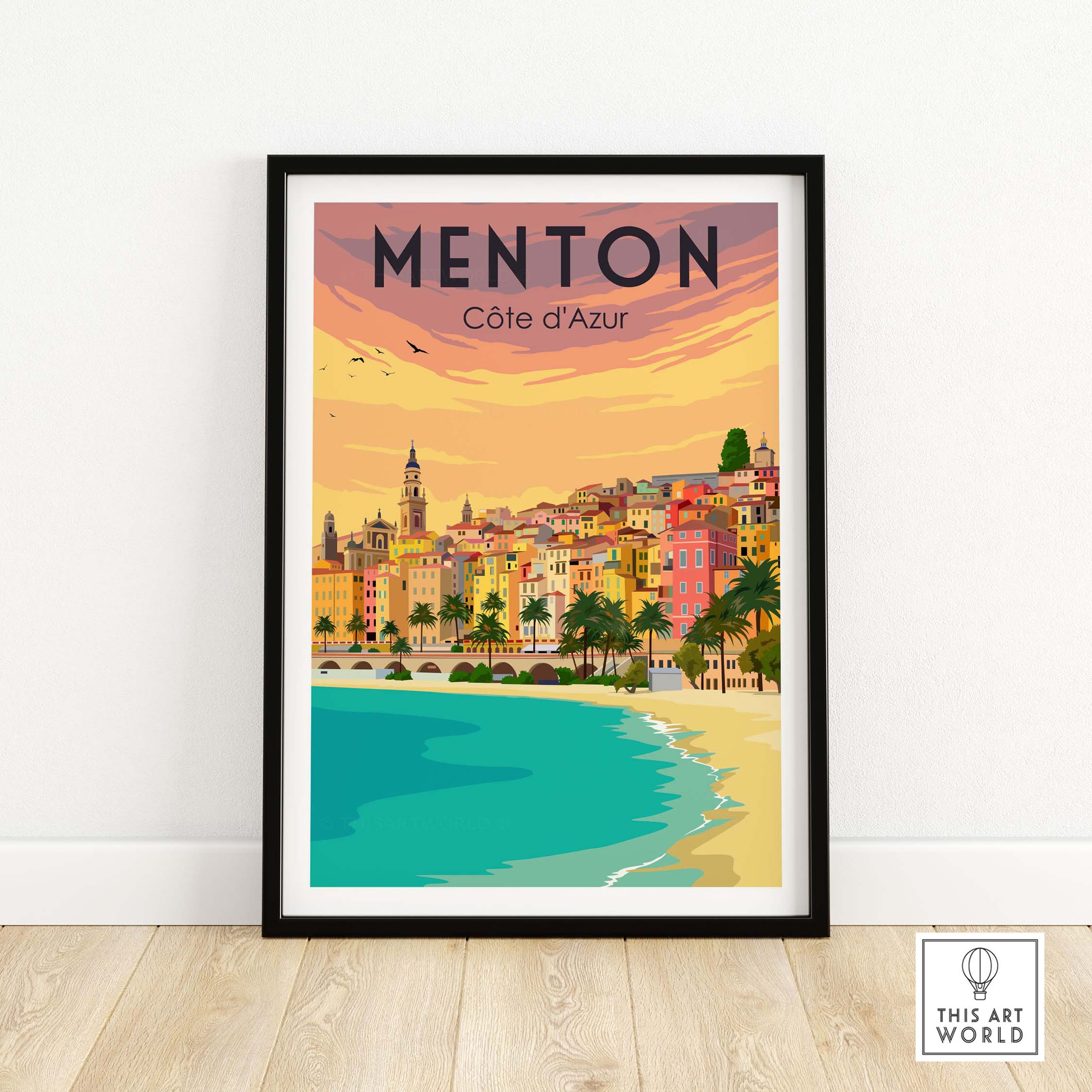 Menton France vintage travel poster showcasing colorful buildings by the beach at Cote d'Azur.