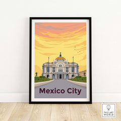 Framed Mexico City Print Poster Wall Art featuring the Palacio de Bellas Artes with warm sunset colors.