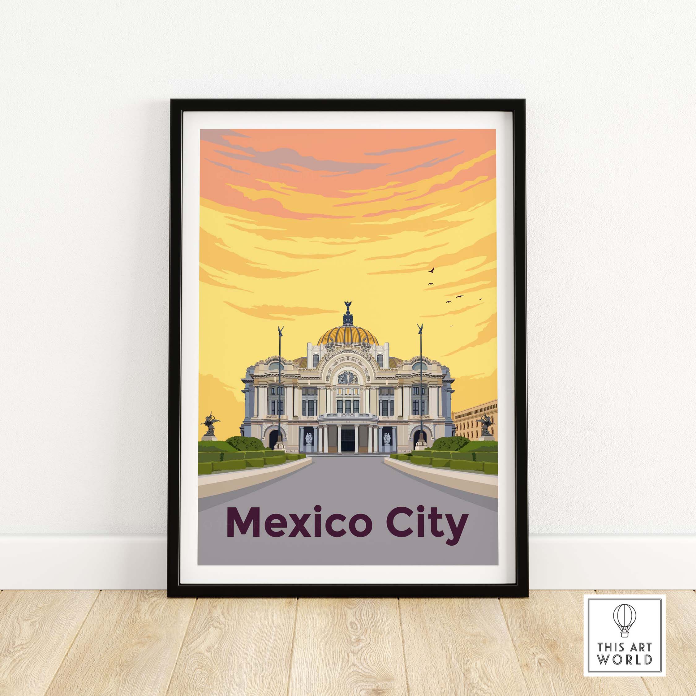 Framed Mexico City Print Poster Wall Art featuring the Palacio de Bellas Artes with warm sunset colors.