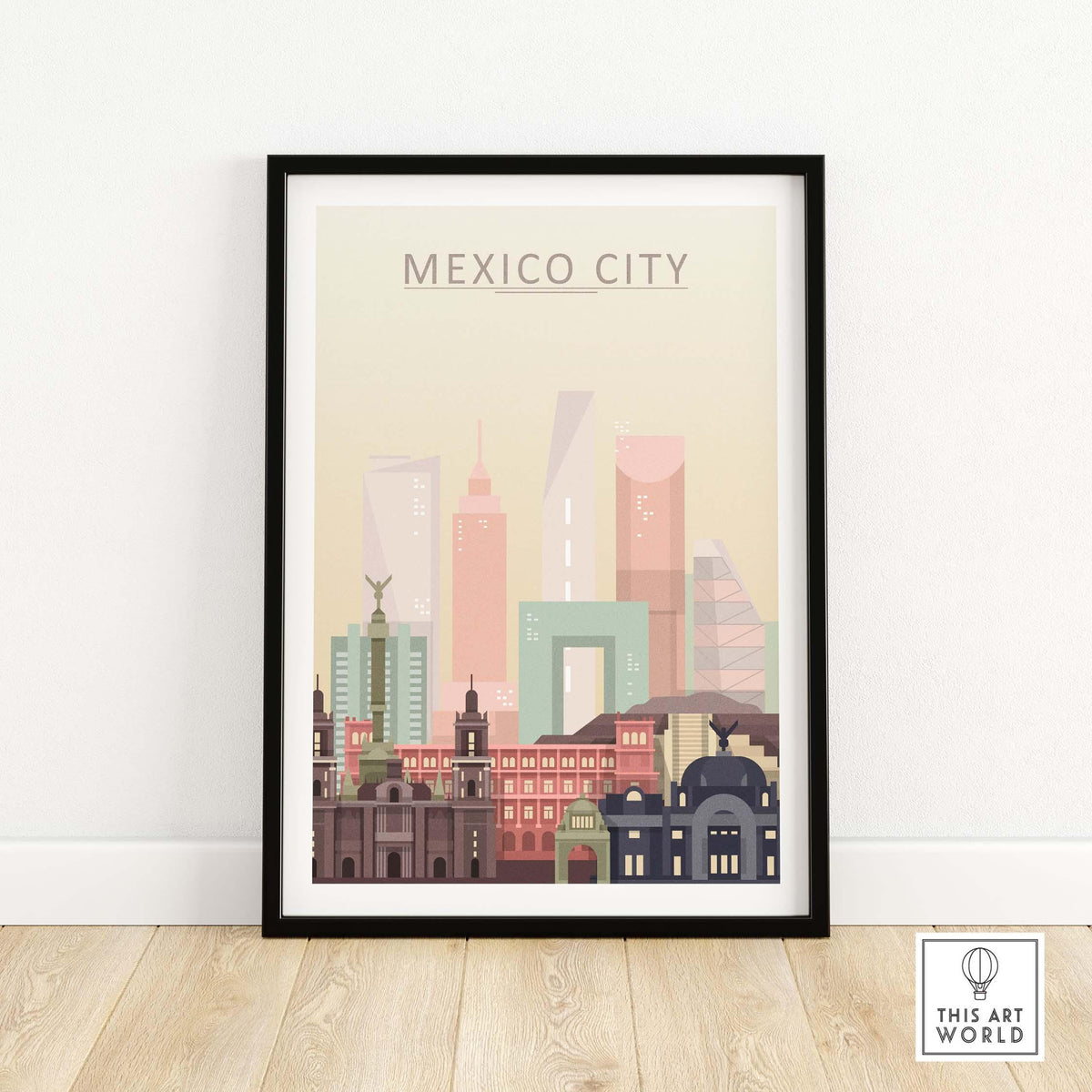 Mexico City Skyline Wall Art Print featuring iconic buildings in warm pastel tones, framed design, modern artistic style.