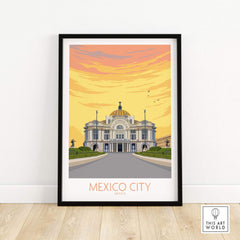 Mexico City poster print featuring a vintage-style illustration of a famous building against a sunset background.