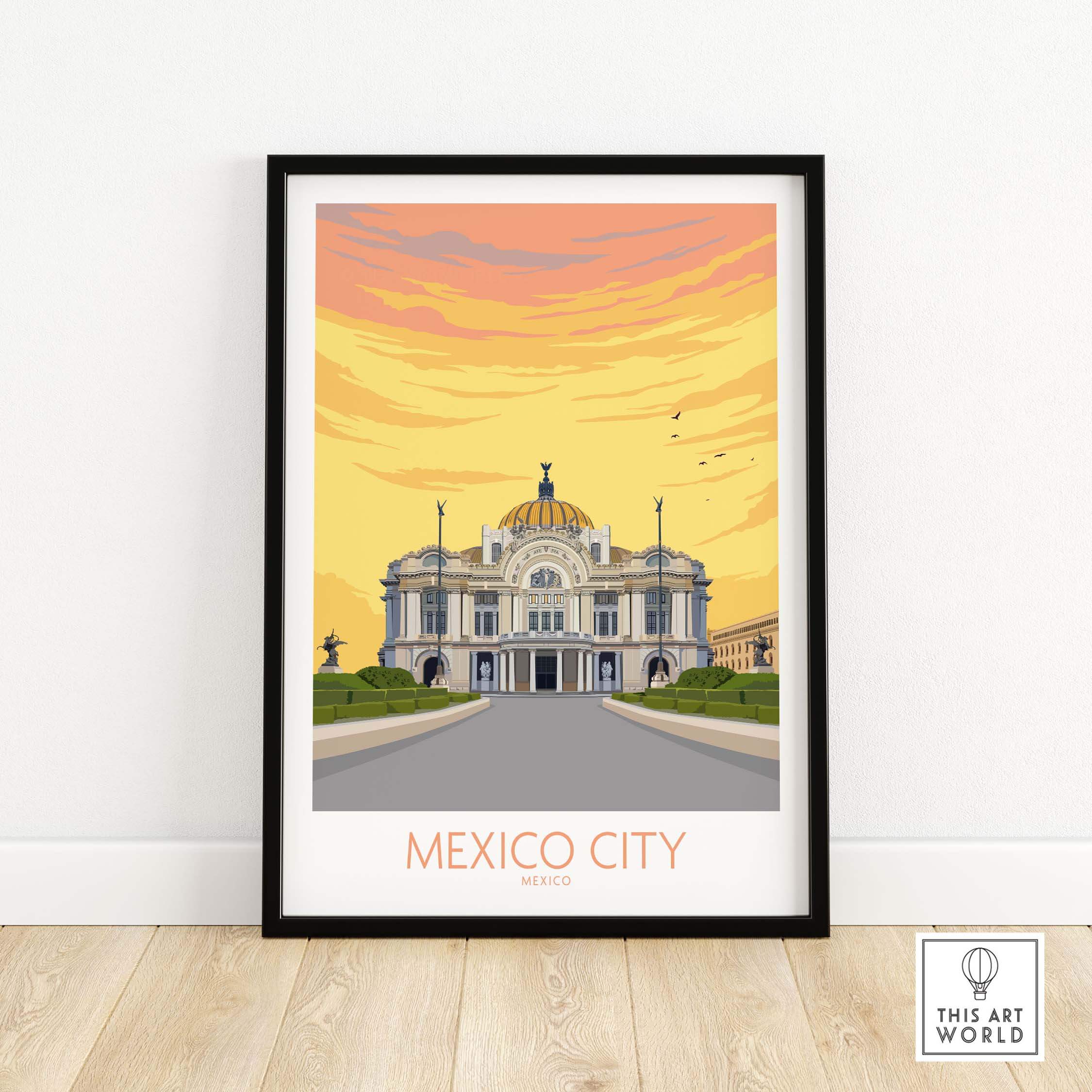 Mexico City poster print featuring a vintage-style illustration of a famous building against a sunset background.