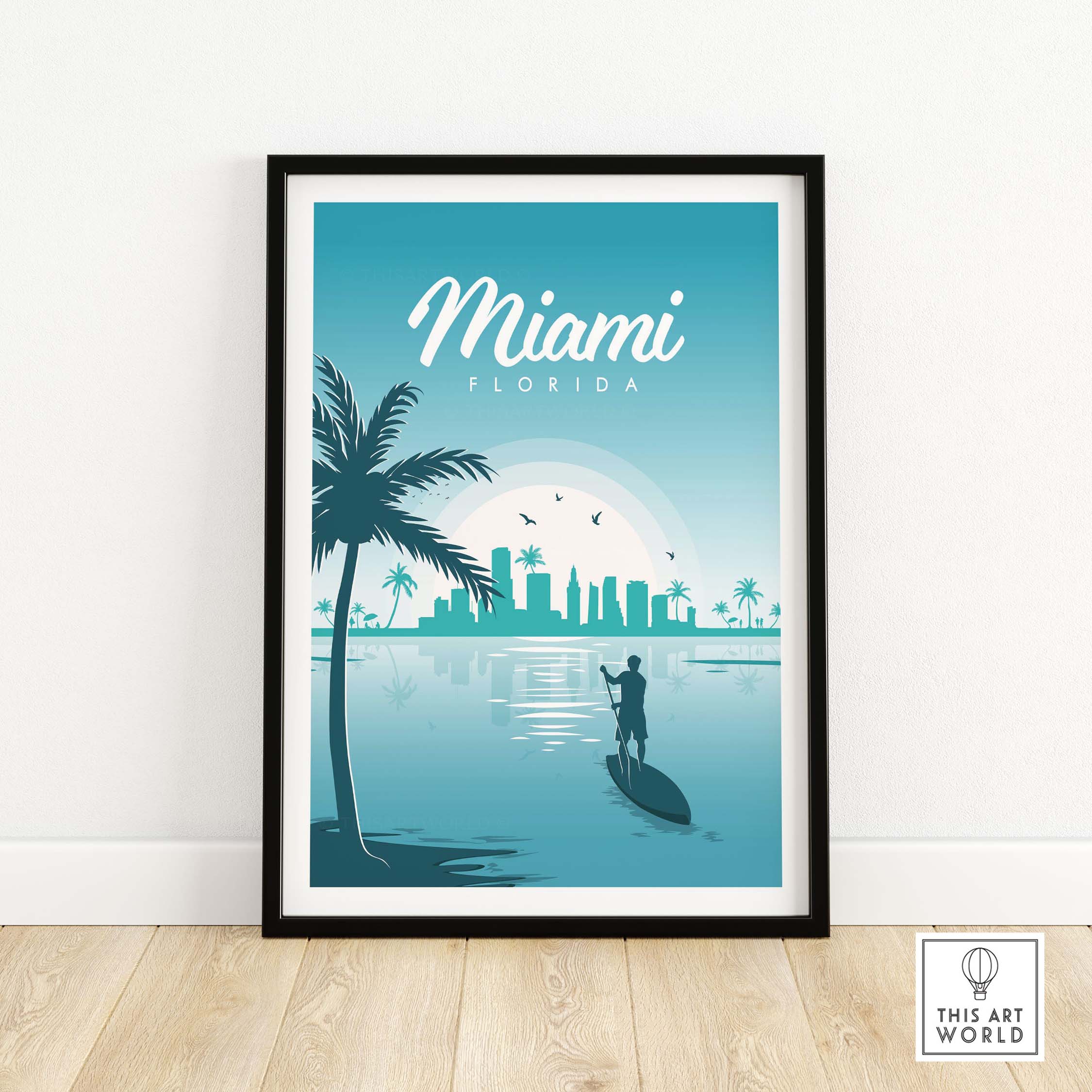 Miami Poster Wall Art Print featuring a city skyline, palm trees, and a paddle boarder in a vintage style.