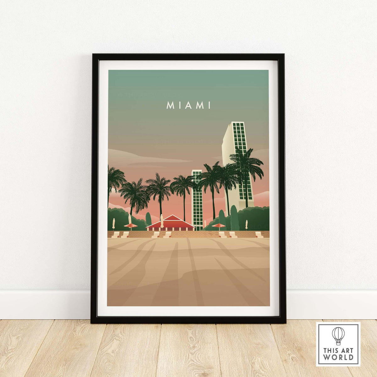 Miami Print Wall Art Poster featuring palm trees and vintage-style buildings for nostalgic home decor.