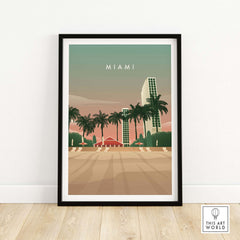 Miami Print Wall Art Poster featuring palm trees and vintage-style buildings for nostalgic home decor.