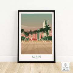 Vintage Miami Wall Art Poster Print featuring palm trees and iconic buildings for travel-inspired home decor.