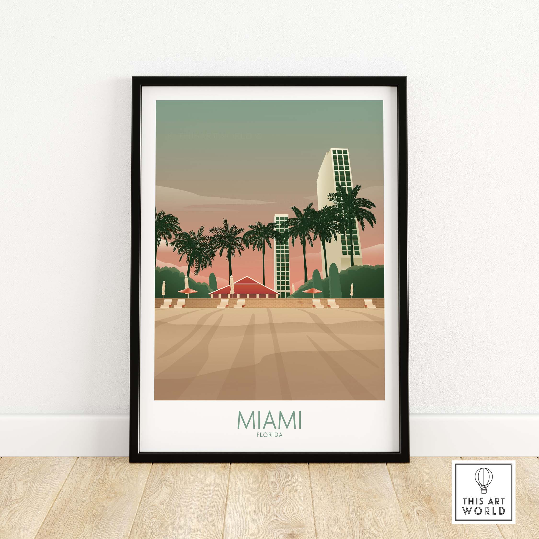 Vintage Miami Wall Art Poster Print featuring palm trees and iconic buildings for travel-inspired home decor.
