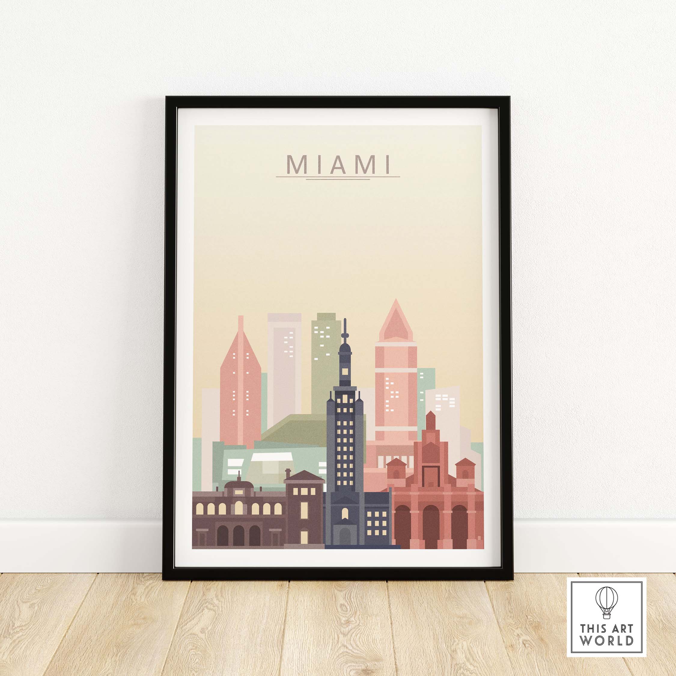 Framed Miami skyline wall art print in pastel tones showcasing iconic buildings.