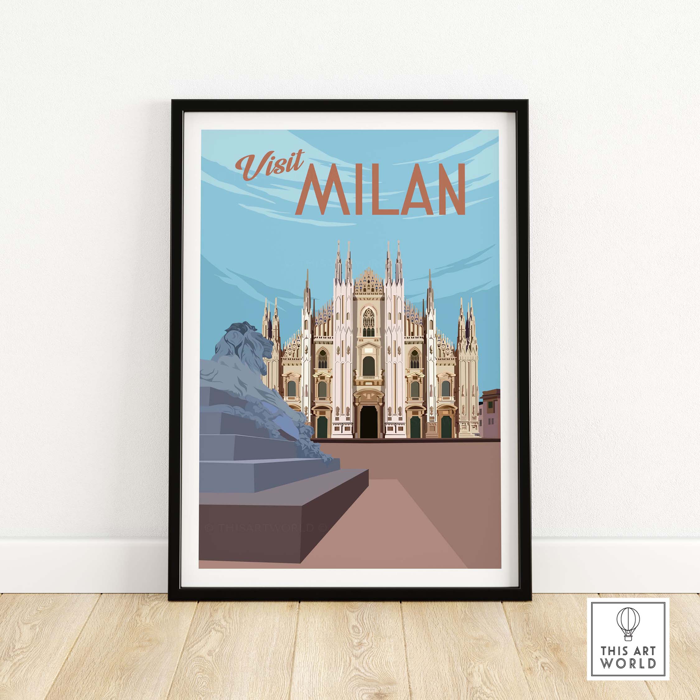 Vintage Milan print poster wall art featuring the iconic Milan Cathedral in a stylish frame.