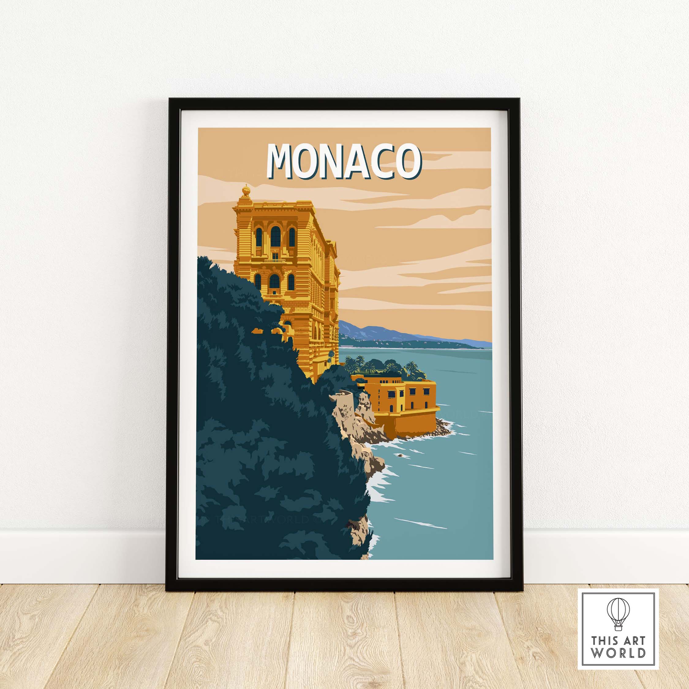 Monaco Wall Art Print featuring a vintage-inspired coastal scene, perfect for home or office decor.