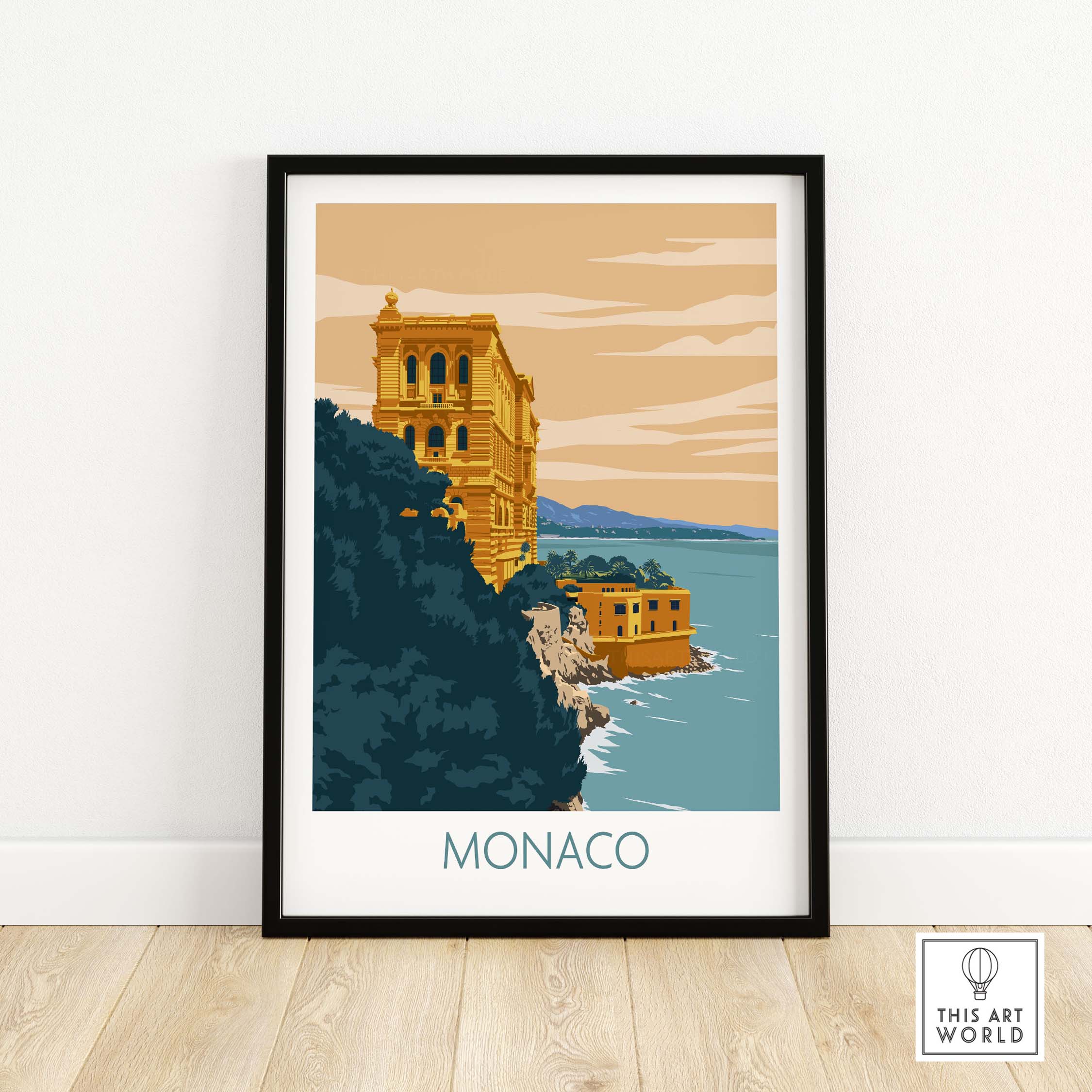 Monaco poster print showcasing a minimalist vintage design of coastal architecture by the sea.