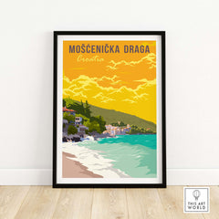 Mošćenička Draga Croatia vintage travel poster print showcasing coastal landscape and vibrant colors.