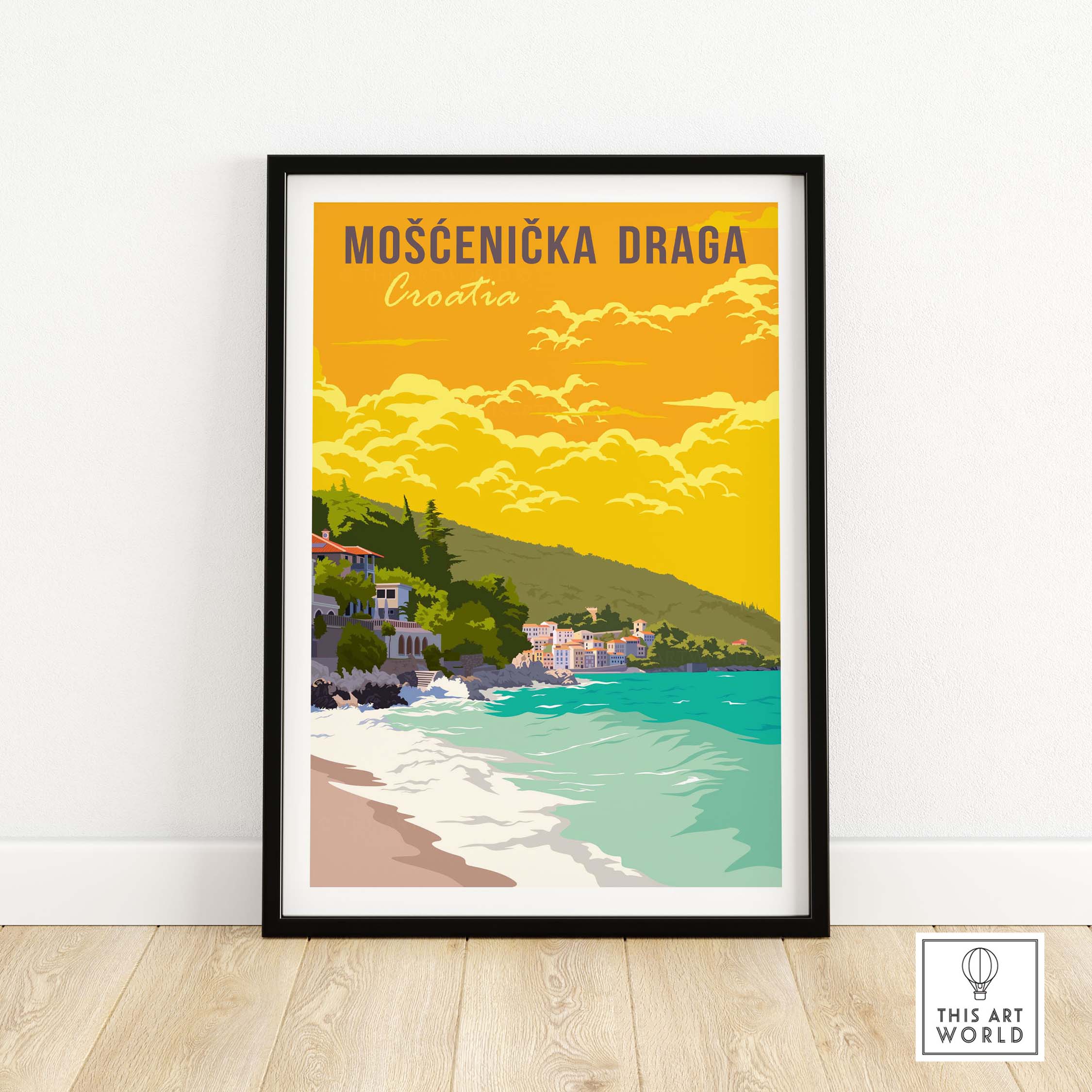 Mošćenička Draga Croatia vintage travel poster print showcasing coastal landscape and vibrant colors.