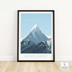 Mount Everest print travel poster in a black frame, featuring a stylized design and serene color palette.