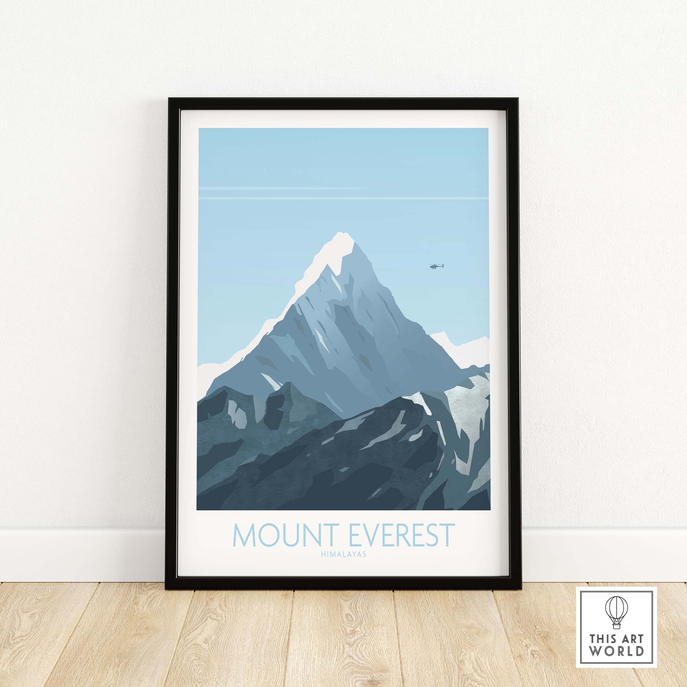 Mount Everest print travel poster in a black frame, featuring a stylized design and serene color palette.