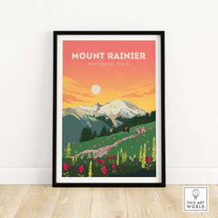 Mount Rainier National Park vintage travel poster print featuring mountains and wildflowers, framed wall art.