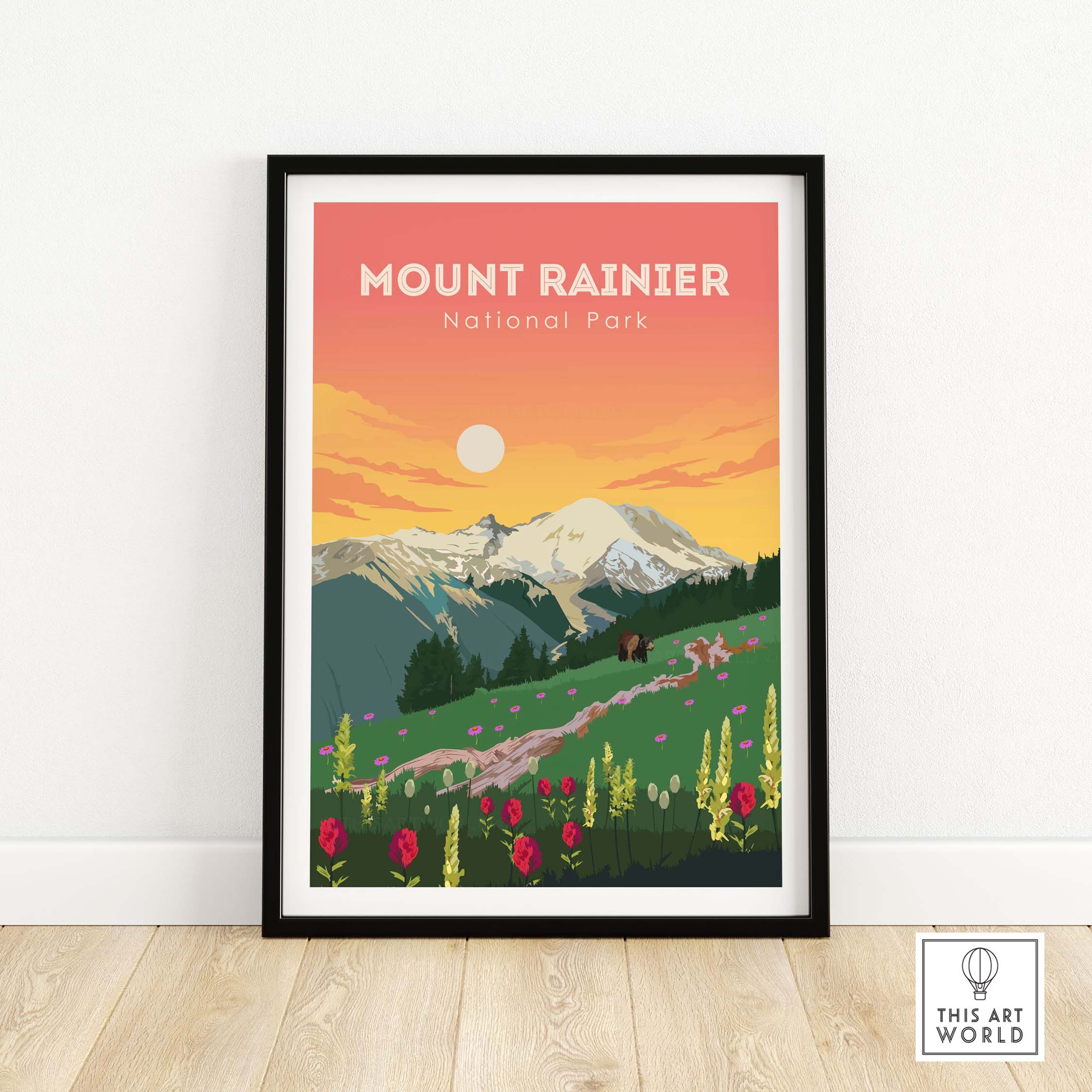 Mount Rainier National Park vintage travel poster print featuring mountains and wildflowers, framed wall art.