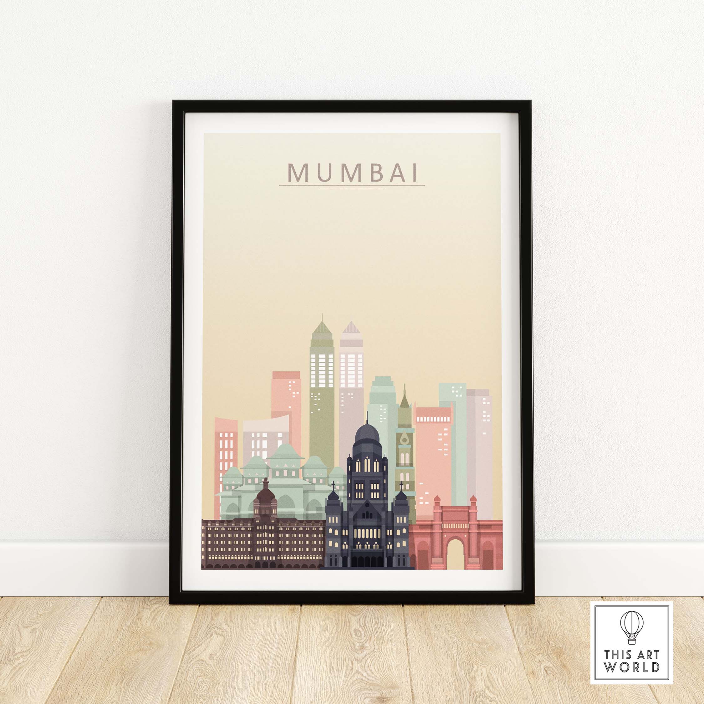 Mumbai skyline wall art print in pastel tones, framed, showcasing iconic architecture and city beauty.