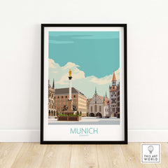 Munich travel poster featuring a vintage-style cityscape illustration in a minimalist design.