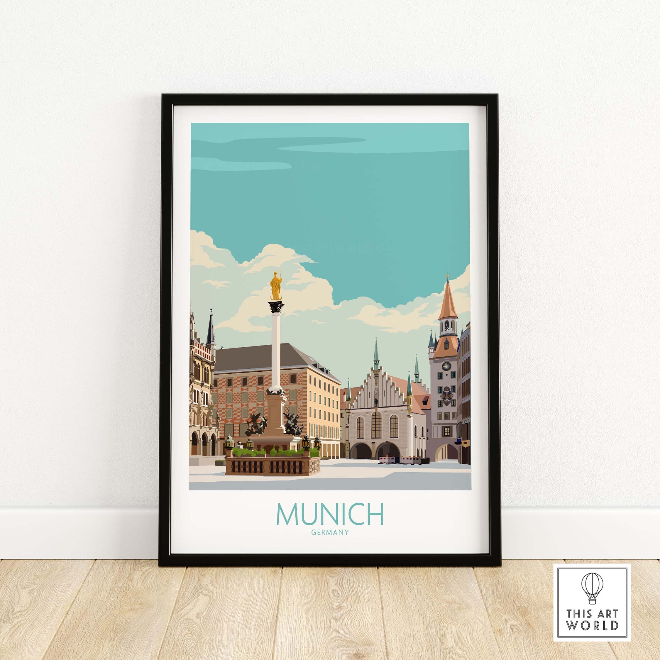 Munich travel poster featuring a vintage-style cityscape illustration in a minimalist design.