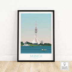 Stylish Munich travel poster featuring the iconic TV Tower, framed art print for home or office decor.