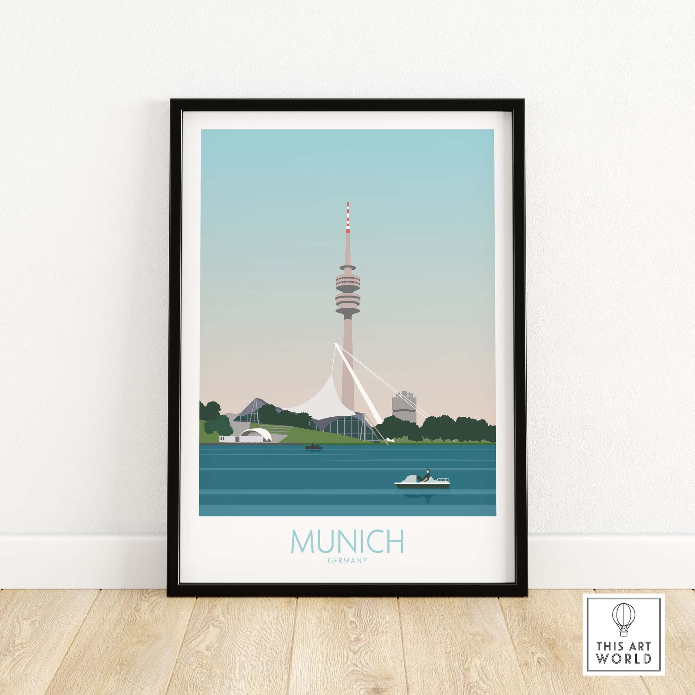 Stylish Munich travel poster featuring the iconic TV Tower, framed art print for home or office decor.