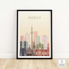 Munich skyline print featuring iconic buildings in pastel tones, framed wall art for home decor.